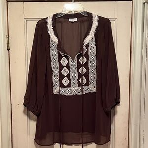 Charter Club Brown Blouse with Cream Embroidery